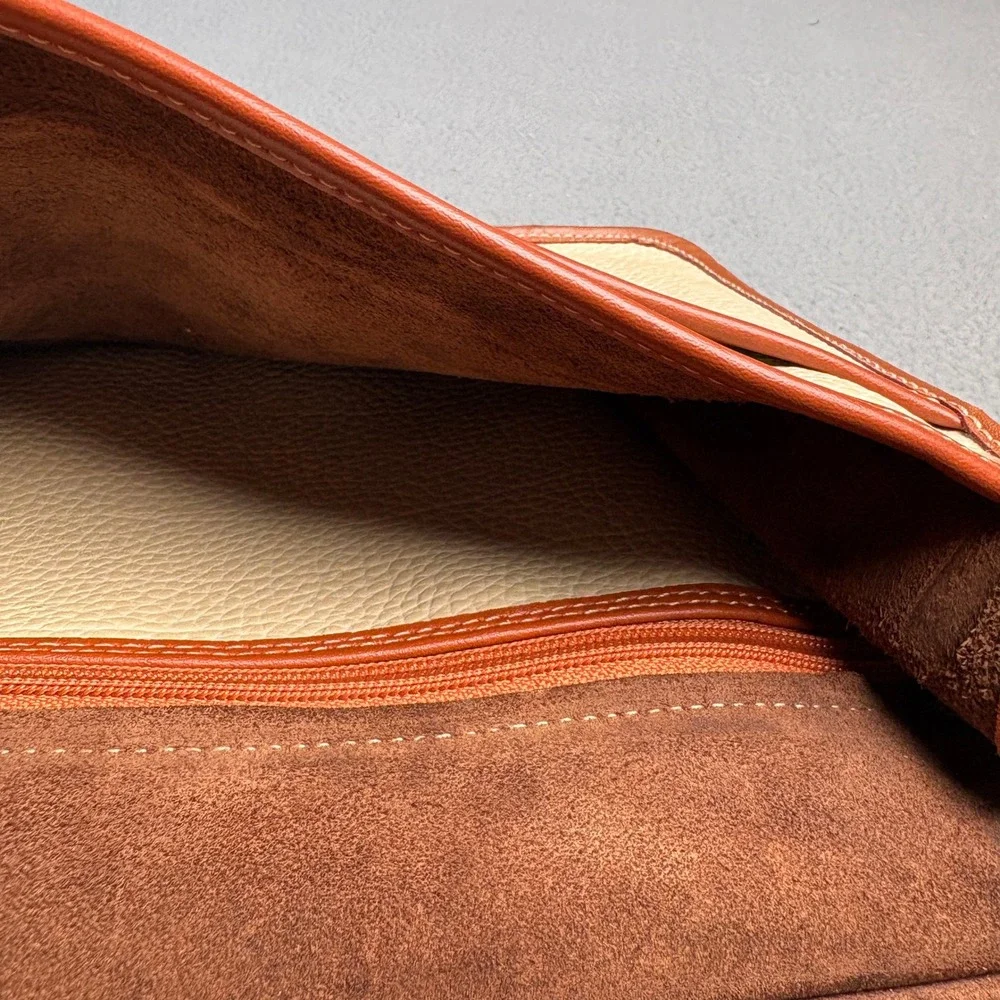 Vintage Pebbled Leather Satchel Handbag Cream Brown Turn Lock Top Handle Bag